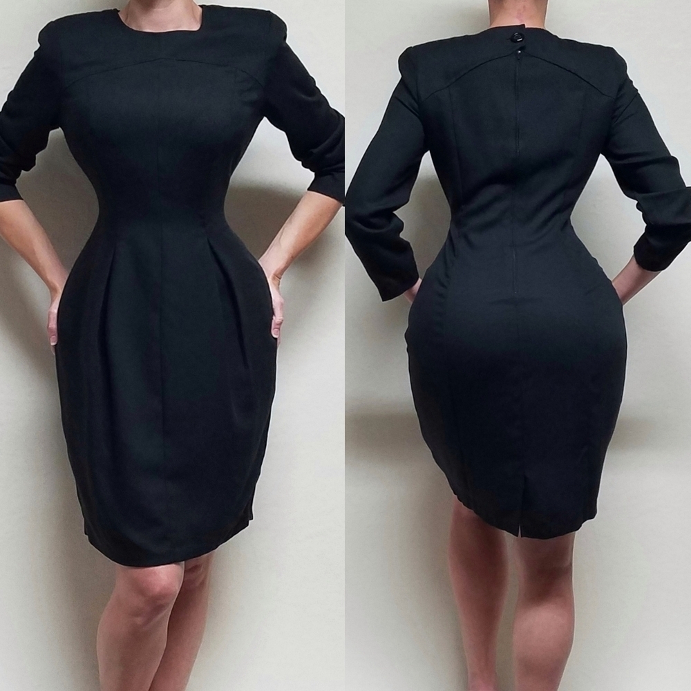 80s Vintage Alison J Goth Black Long Sleeve Pleated Mini Sheath Dress L